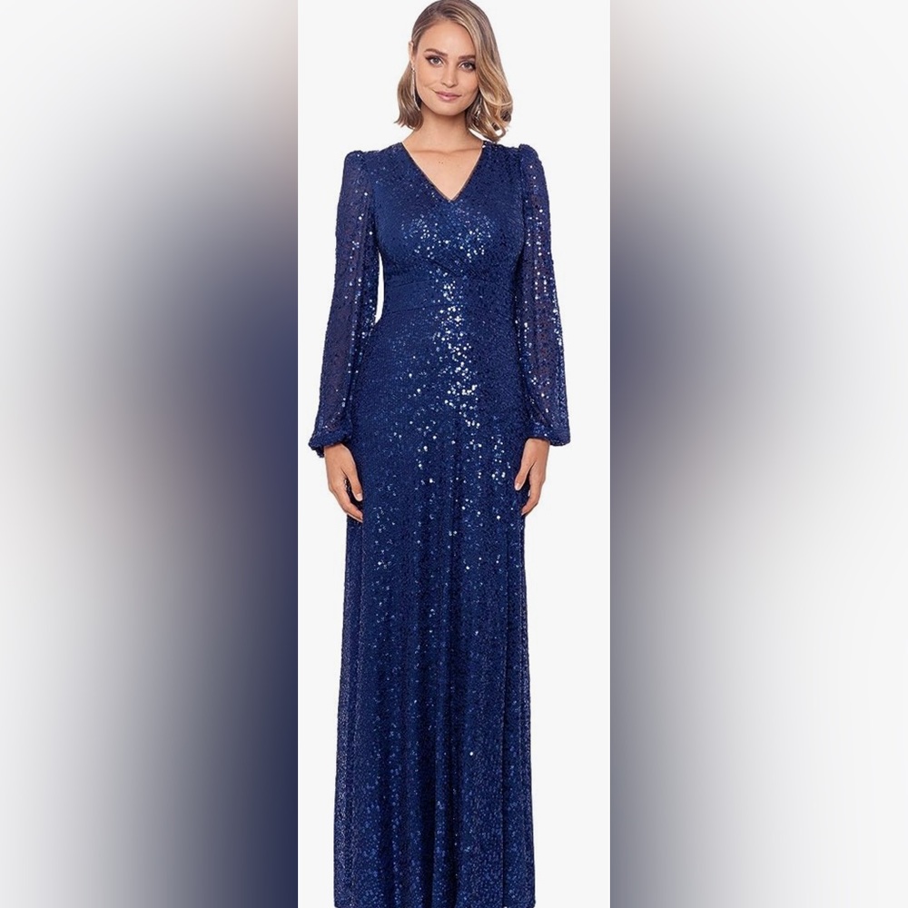 Xscape Long Sleeve Long V-Neck Sequin Gown